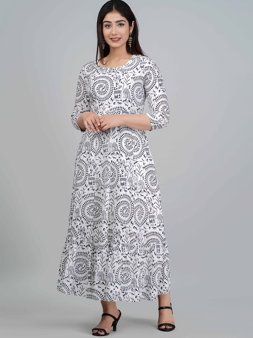 

NITVAN Warli Printed Cotton Anarkali Kurta, White
