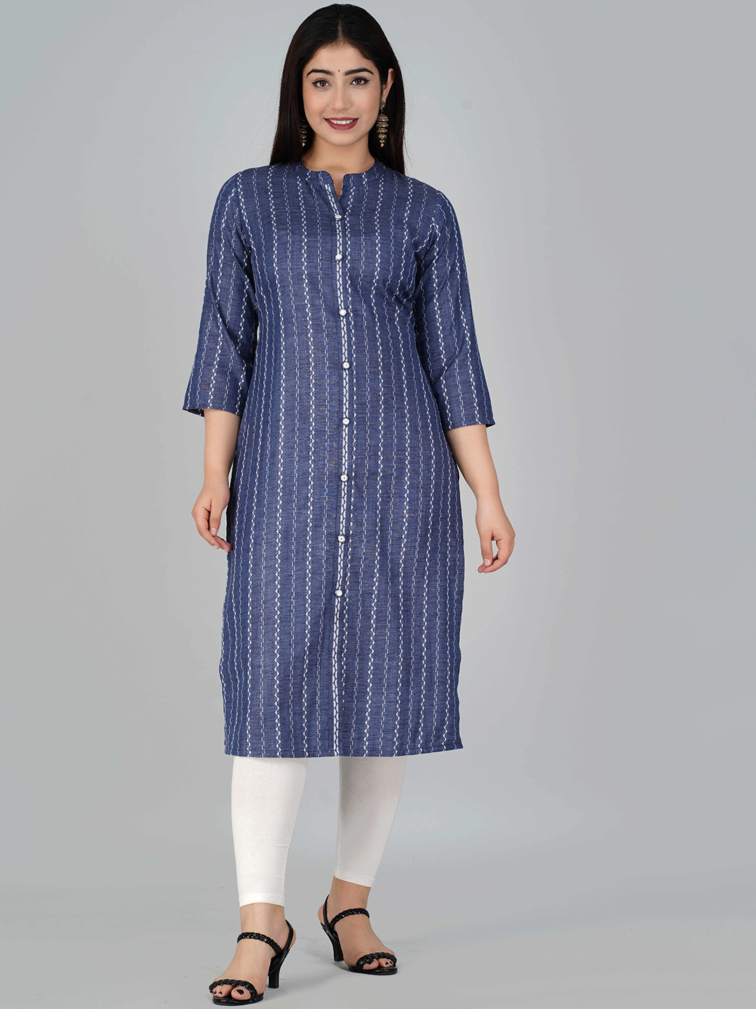 

NITVAN Striped Mandarin Collar Straight Cotton Denim Kurta, Grey