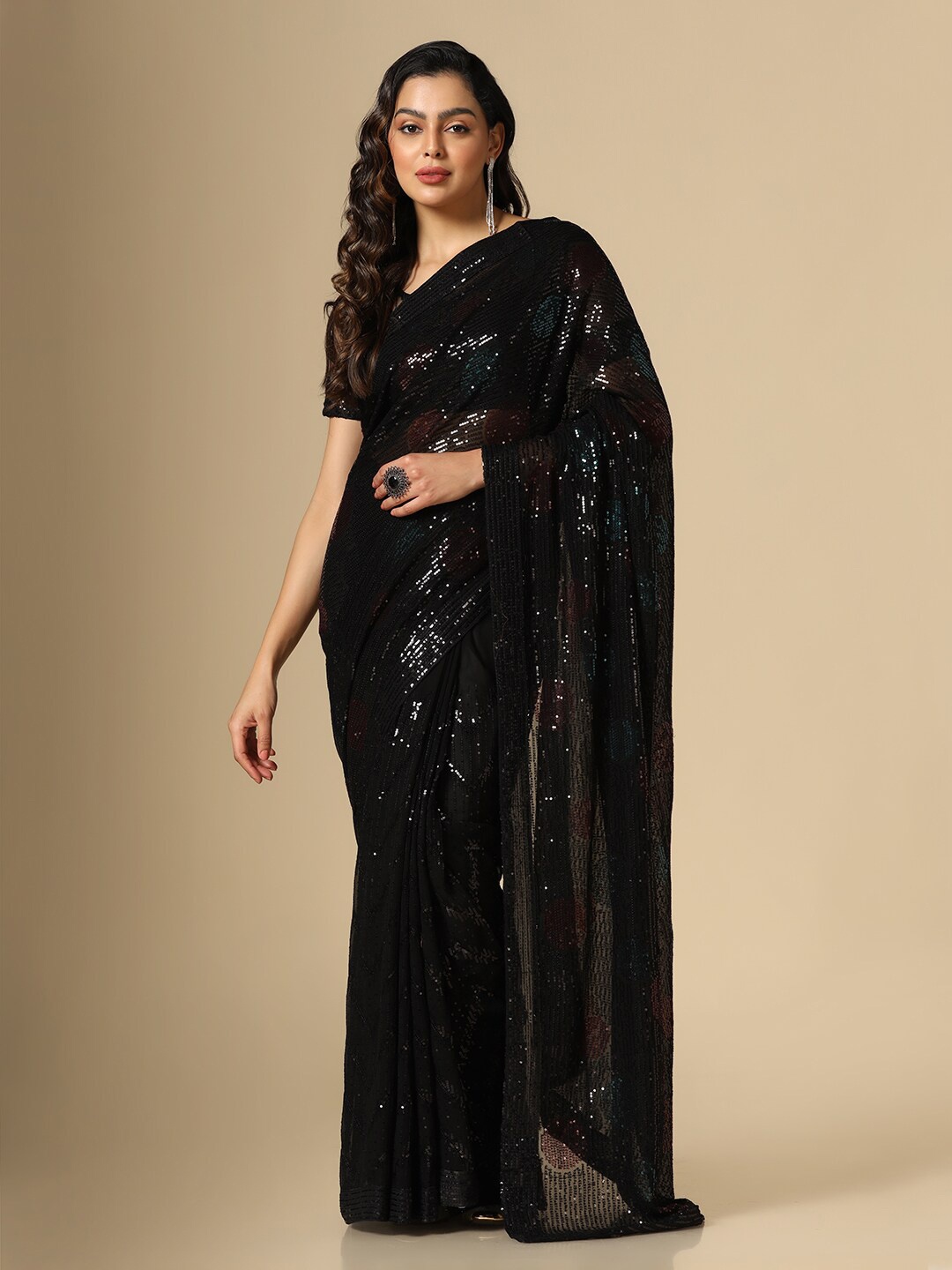 

Satrani Embellished Sequinned Saree, Black