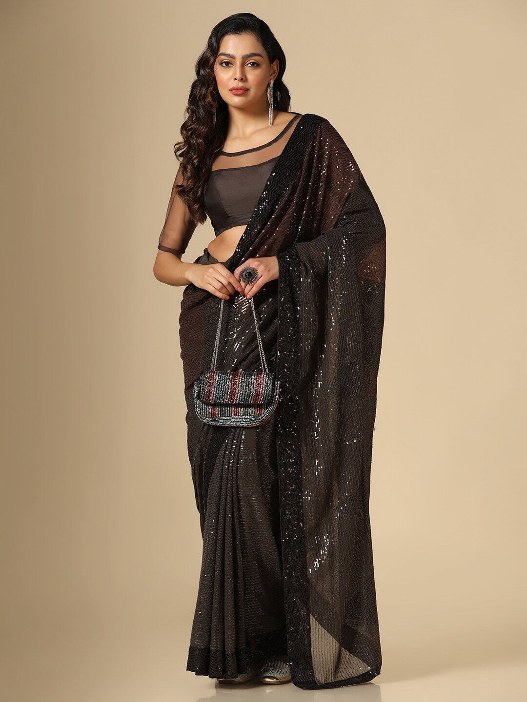

Satrani Embellished Sequinned Saree, Brown