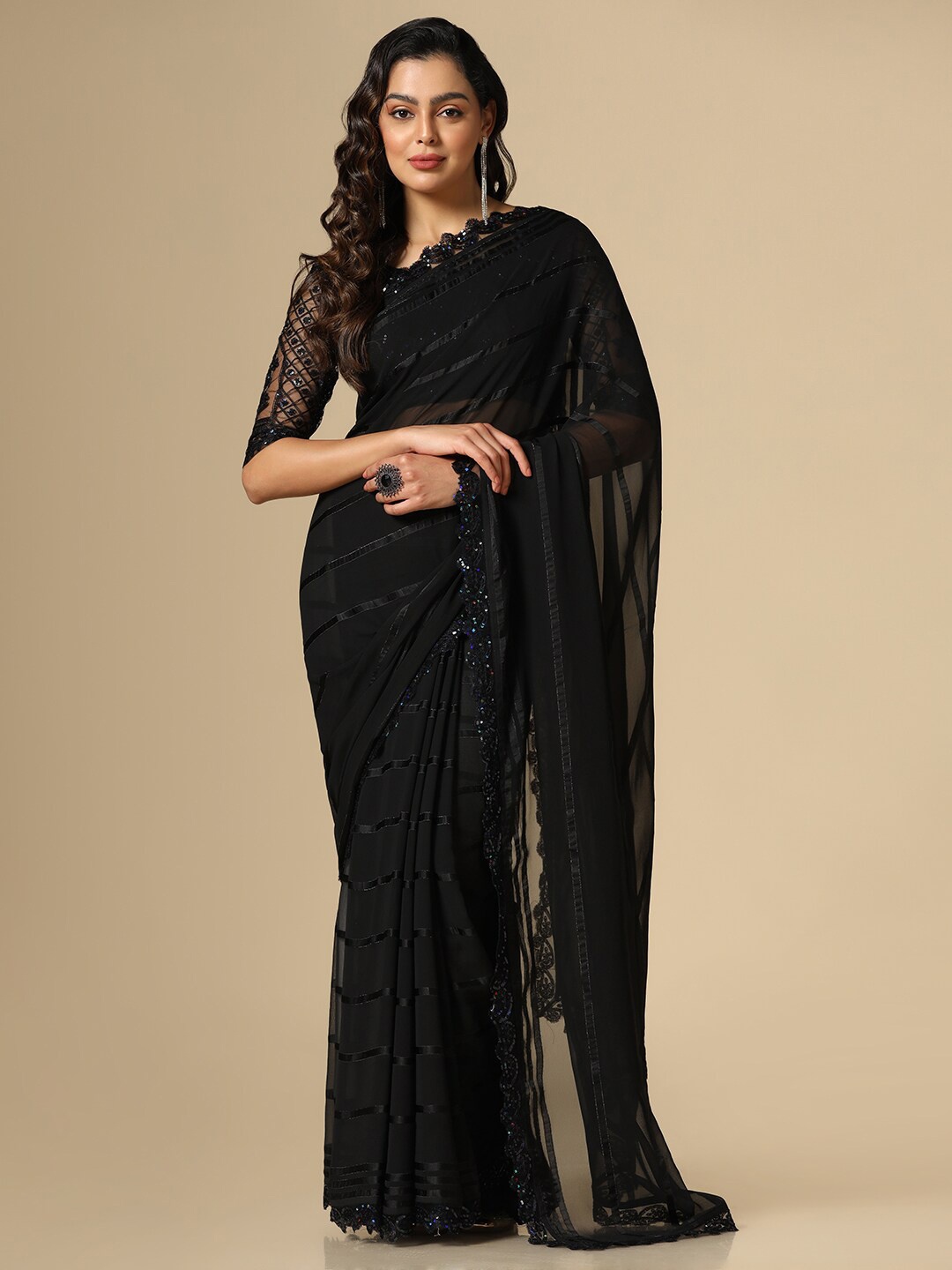 

Satrani Embellished Sequinned Poly Georgette Saree, Black