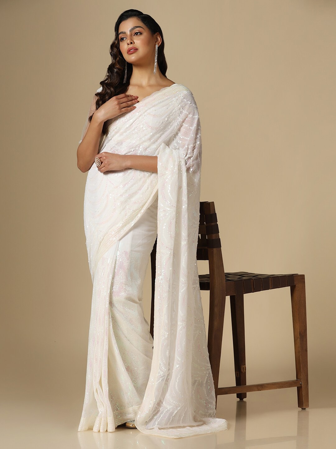 

Satrani Embellished Sequinned Poly Georgette Saree, Off white