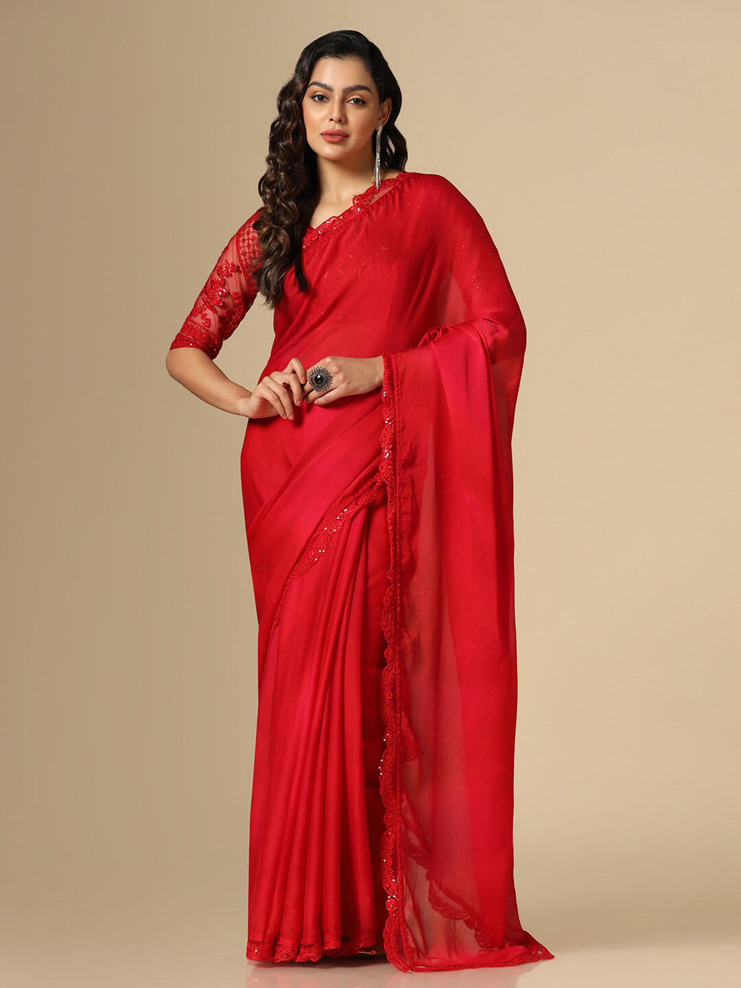 

Satrani Embroidered Sequinned border Saree, Pink