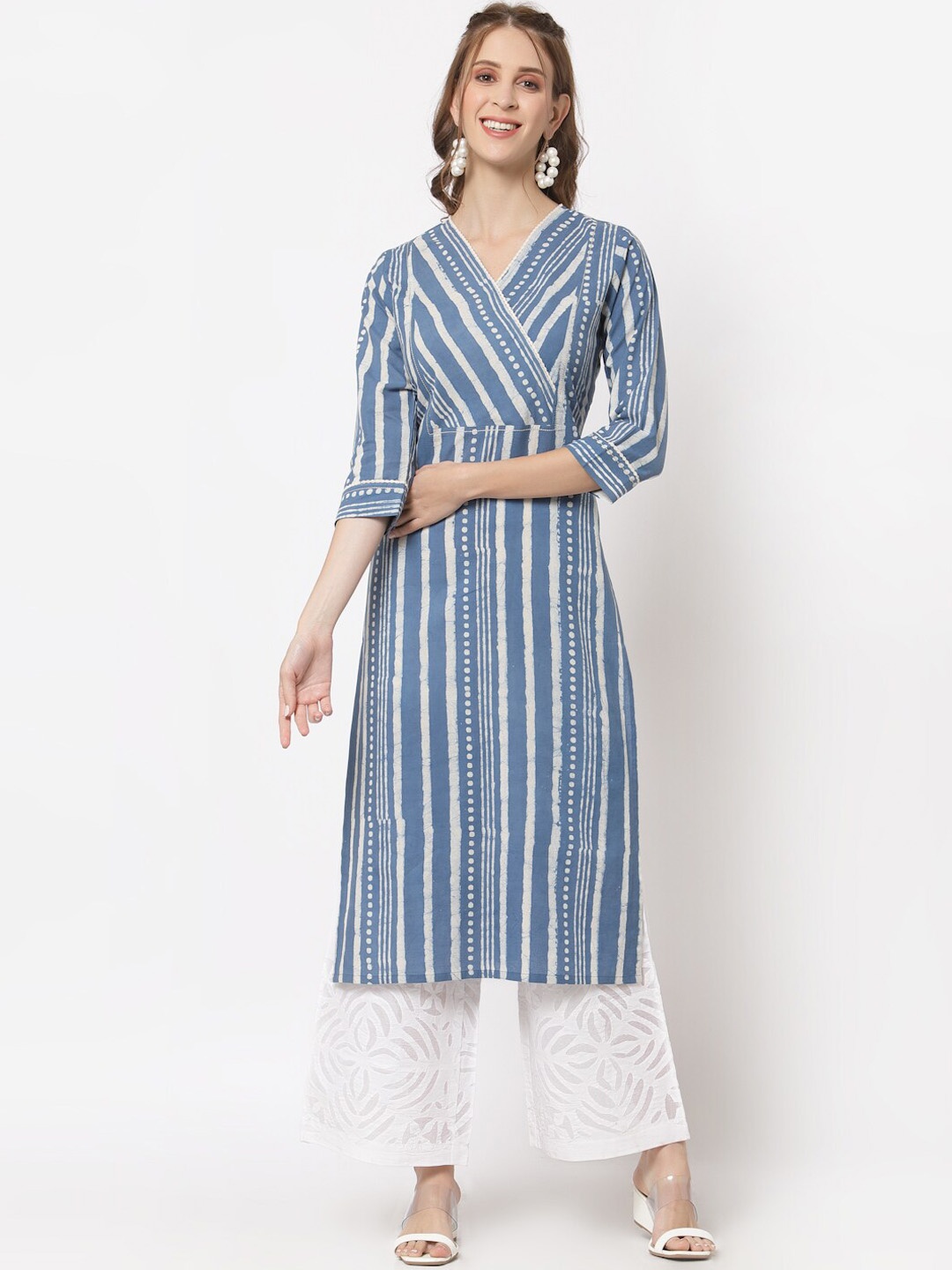 

KAMI KUBI Women Striped Cotton V-Neck Angrakha Kurta, Blue