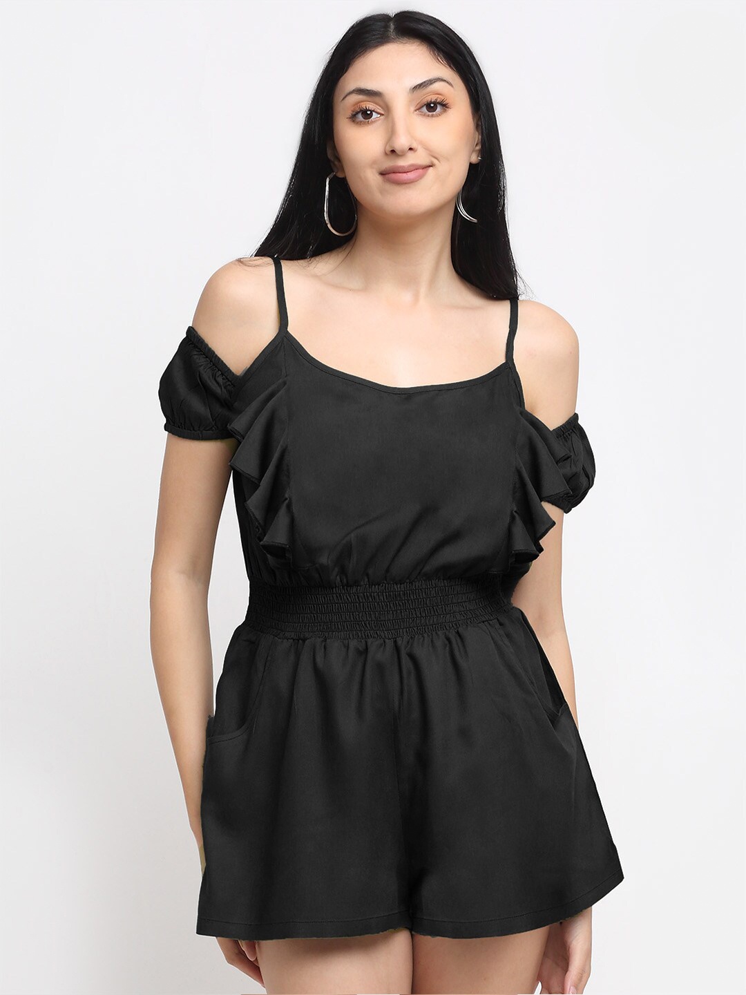 

NEUDIS Ruffles Cold-Shoulder Playsuit, Black