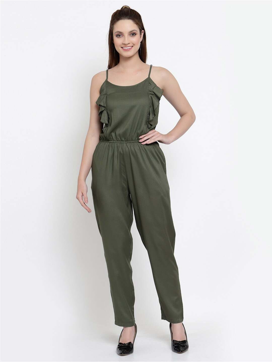 

NEUDIS Shoulder Strap Ruffled Basic Jumpsuit, Olive