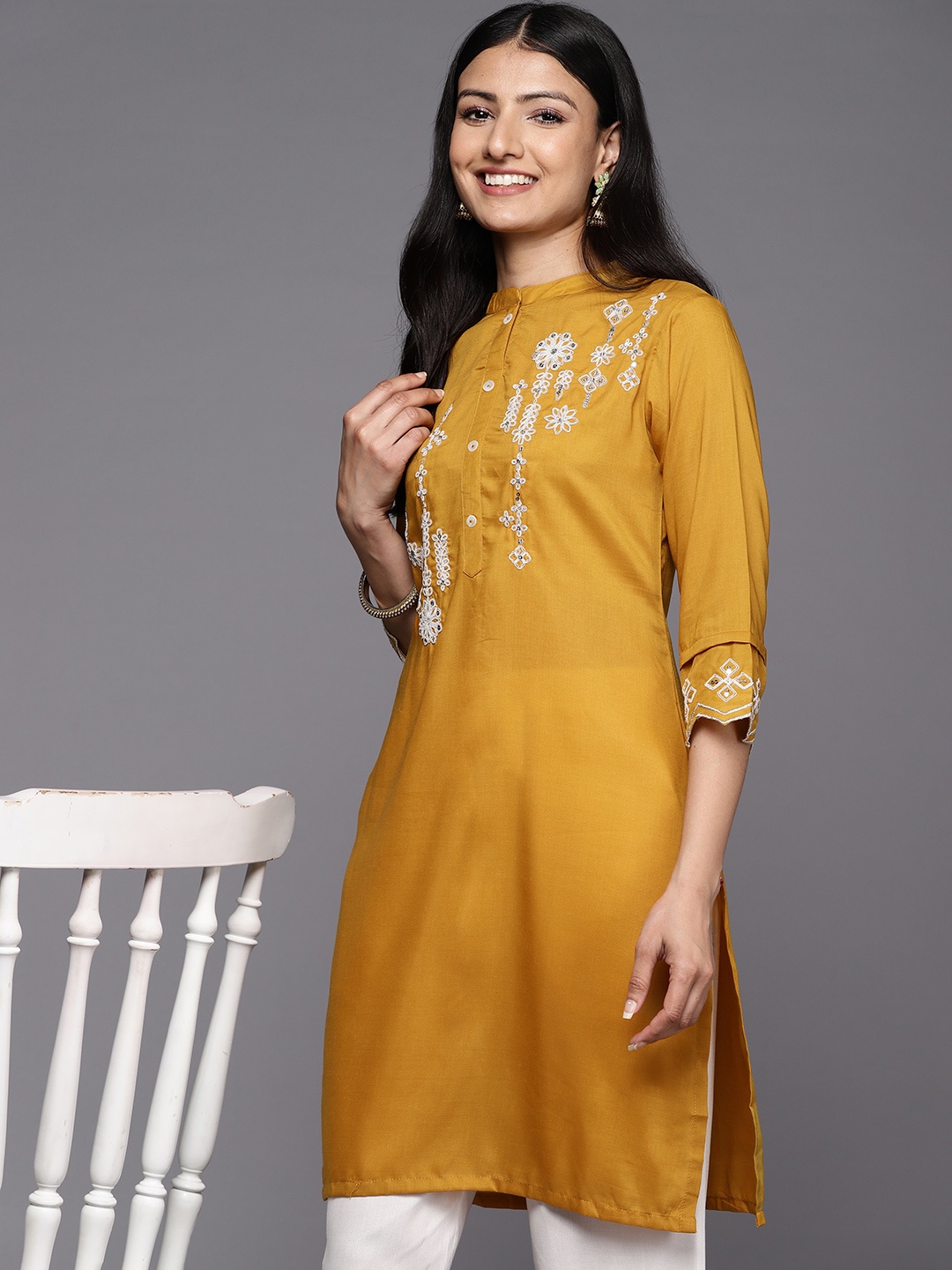 

Varanga Floral Yoke Design Silk Kurta, Yellow
