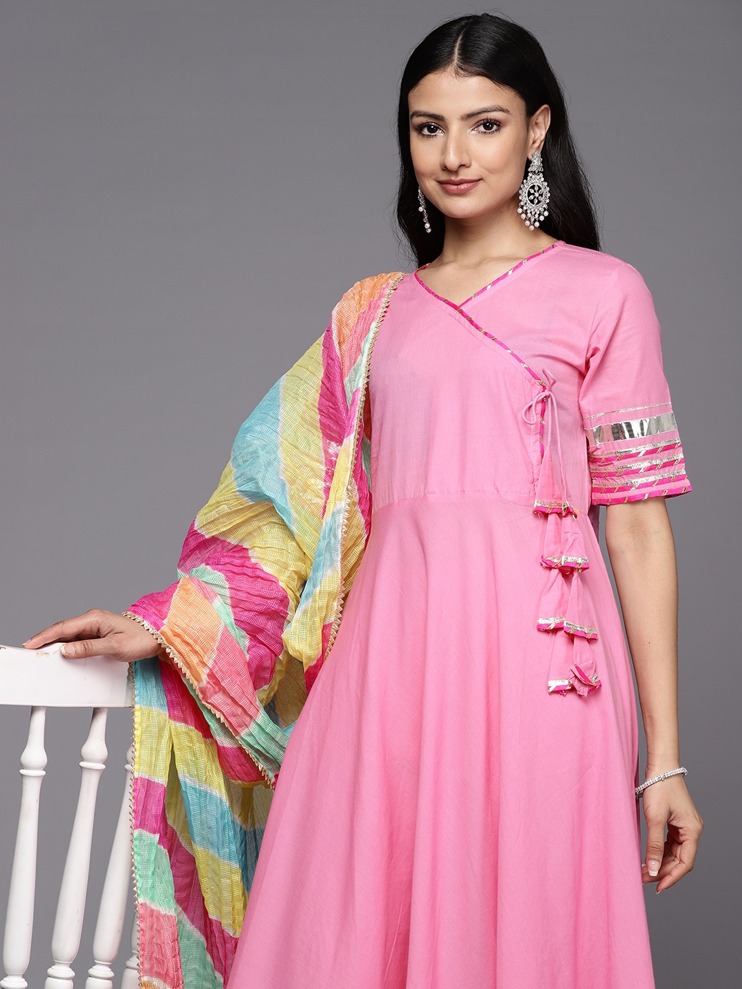 

Varanga Angrakha Gotta Patti Pure Cotton Kurta With Trousers & With Dupatta, Pink