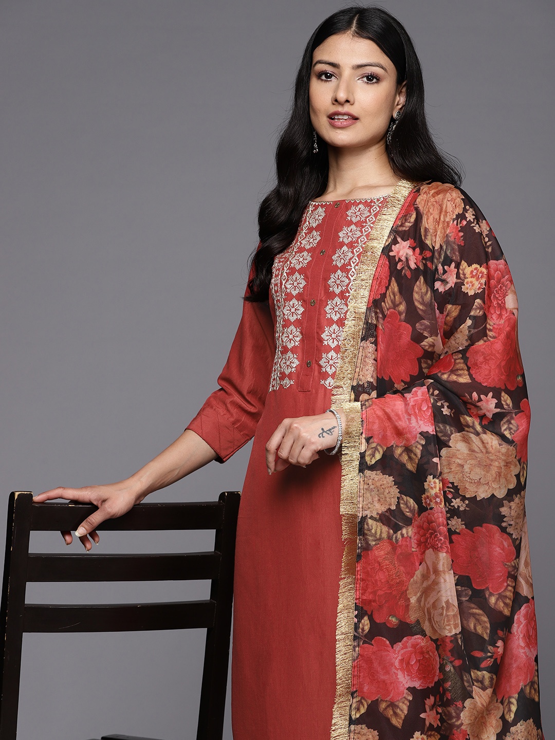 

Varanga Ethnic Motifs Embroidered Thread Work Kurta With Trousers & With Dupatta, Rust