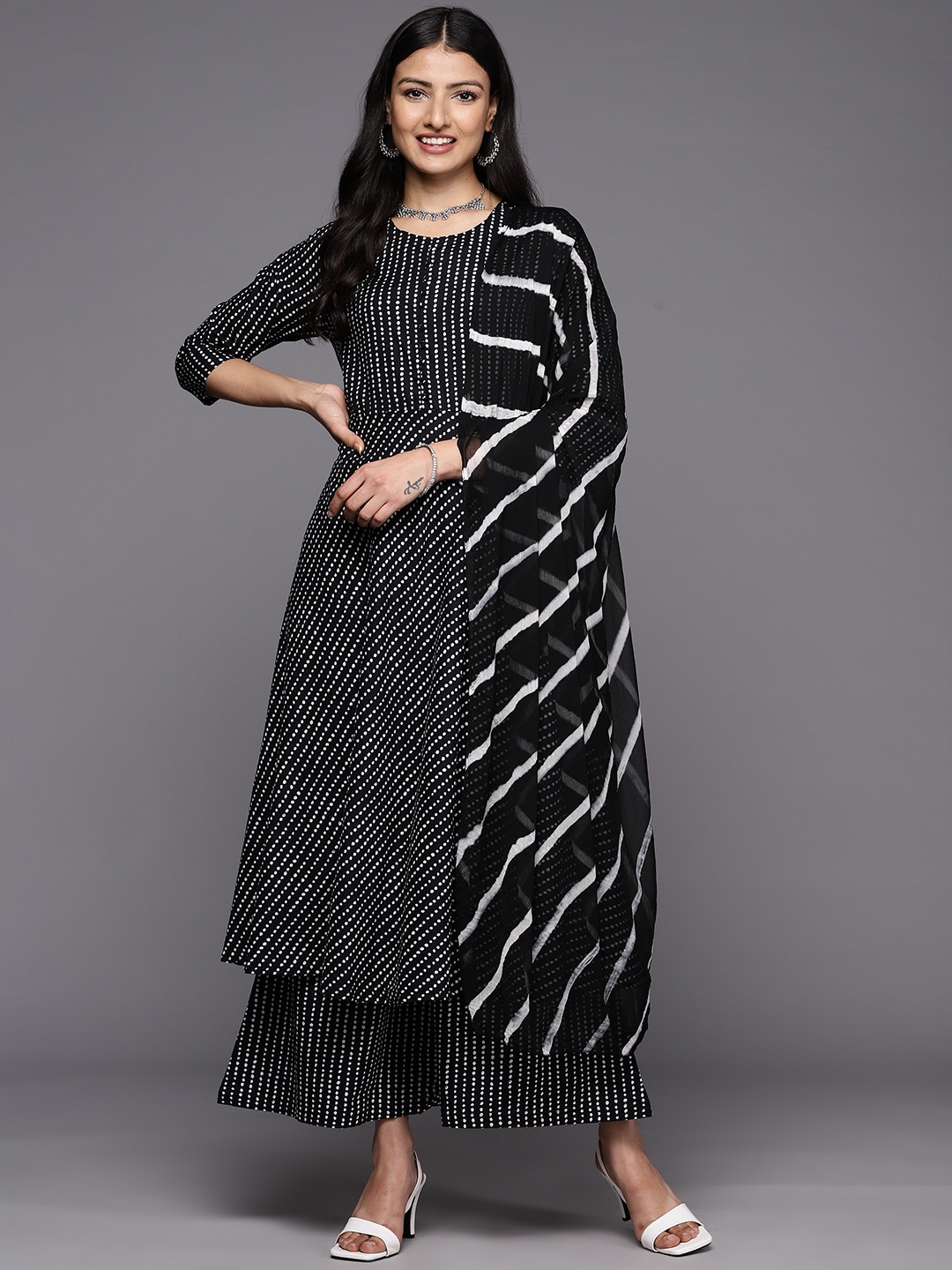 

Varanga Printed Empire Pure Cotton Kurta With Palazzos & With Dupatta, Black