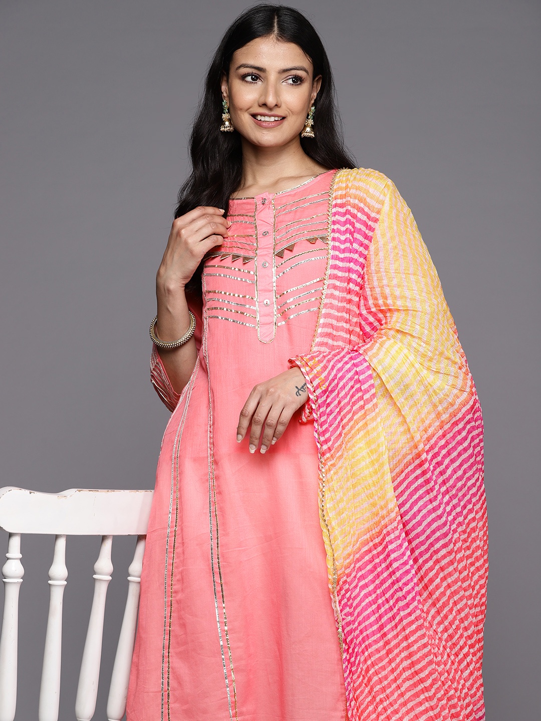 

Varanga Gotta Patti Pure Cotton Kurta With Palazzos & With Dupatta, Peach