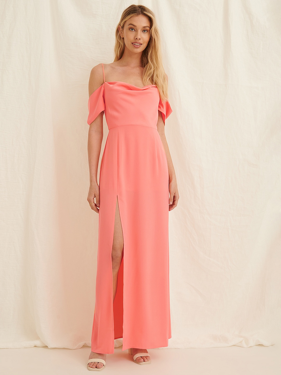 

NA-KD Cold-Shoulder Side Slit Maxi Dress, Coral