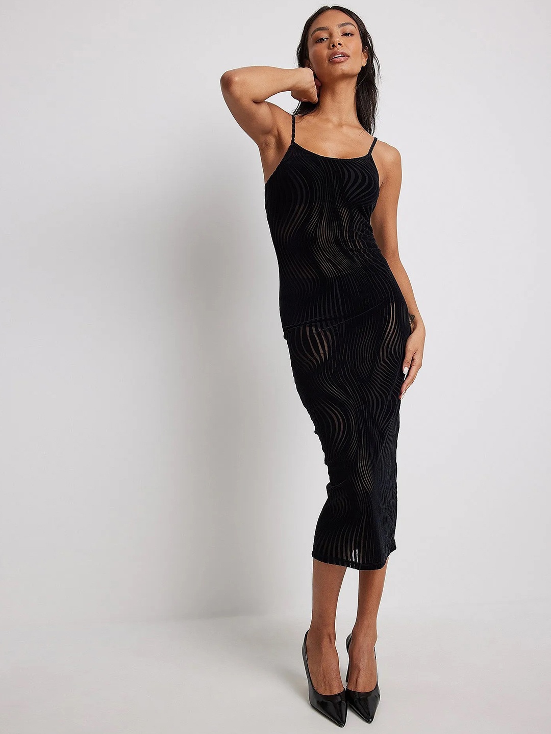 

NA-KD Semi Sheer Velvet Bodycon Midi Dress, Black