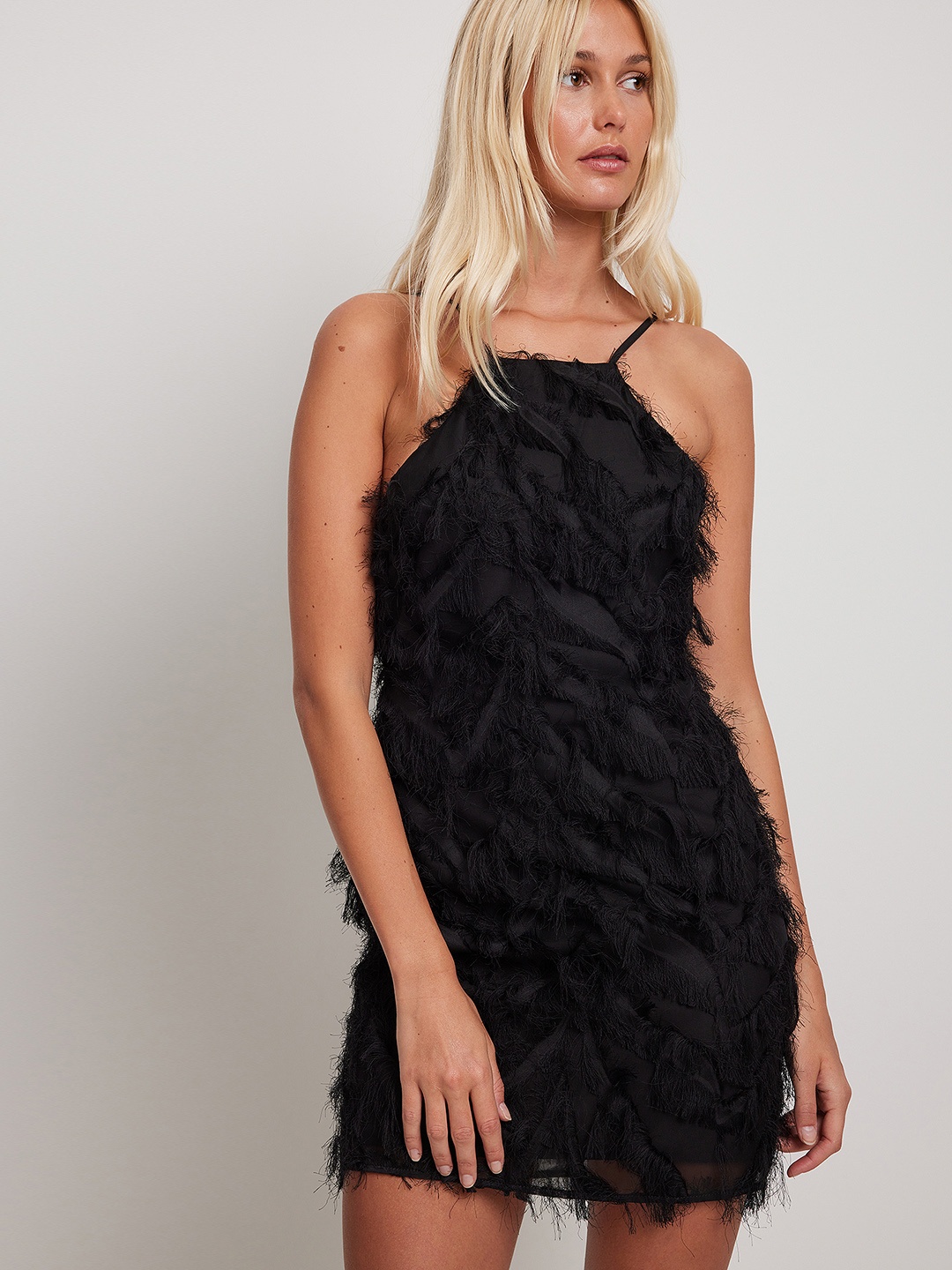 

NA-KD Faux Feather Bodycon Mini Dress, Black