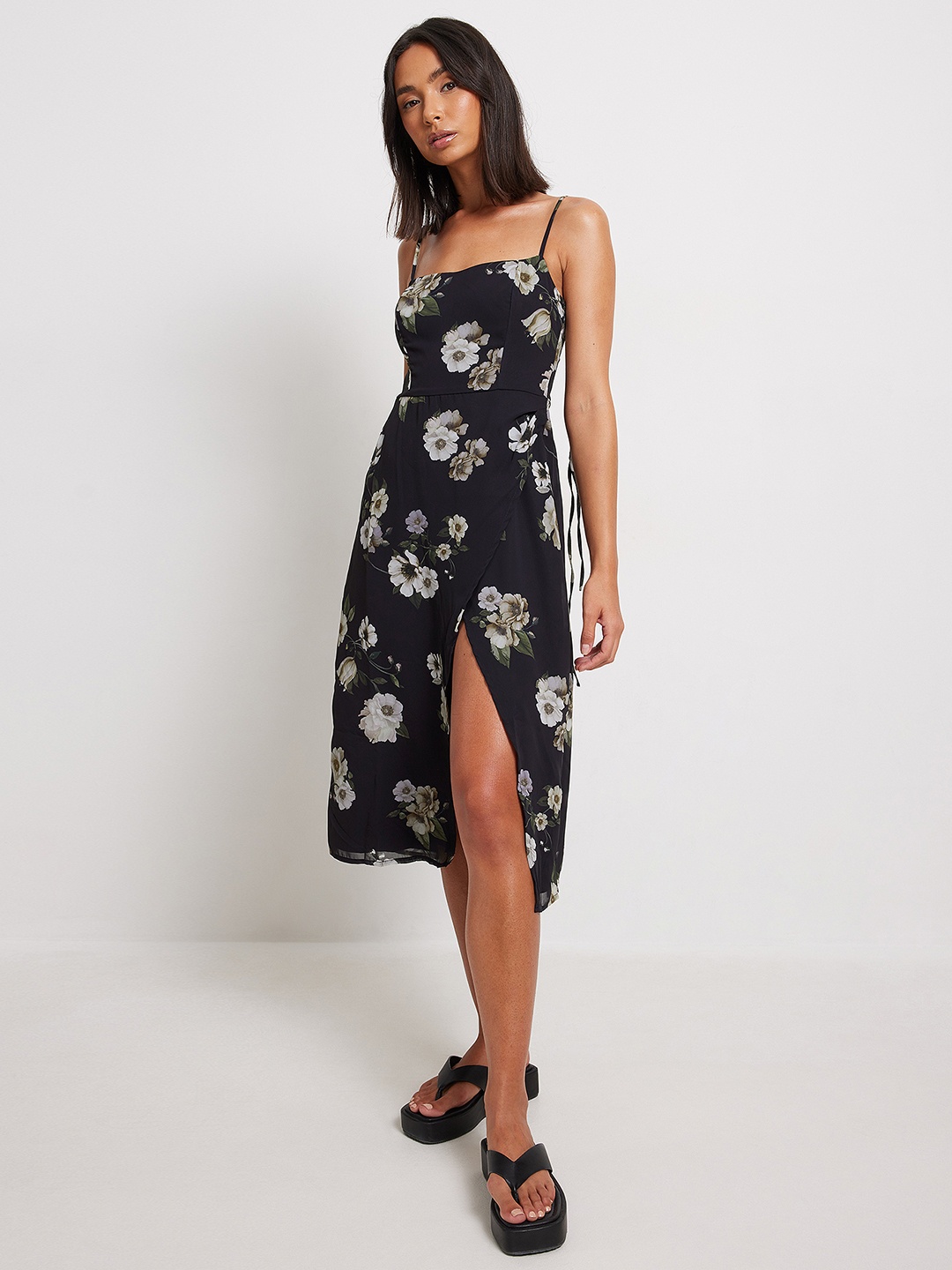 

NA-KD Floral Print A-Line Midi Dress, Black