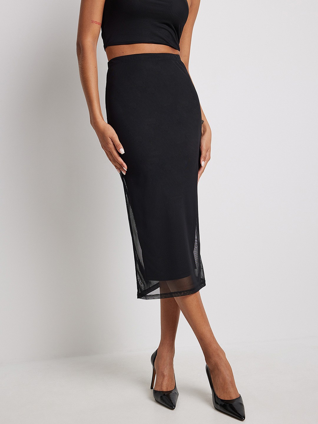 

NA-KD Mesh Straight Midi Skirt, Black