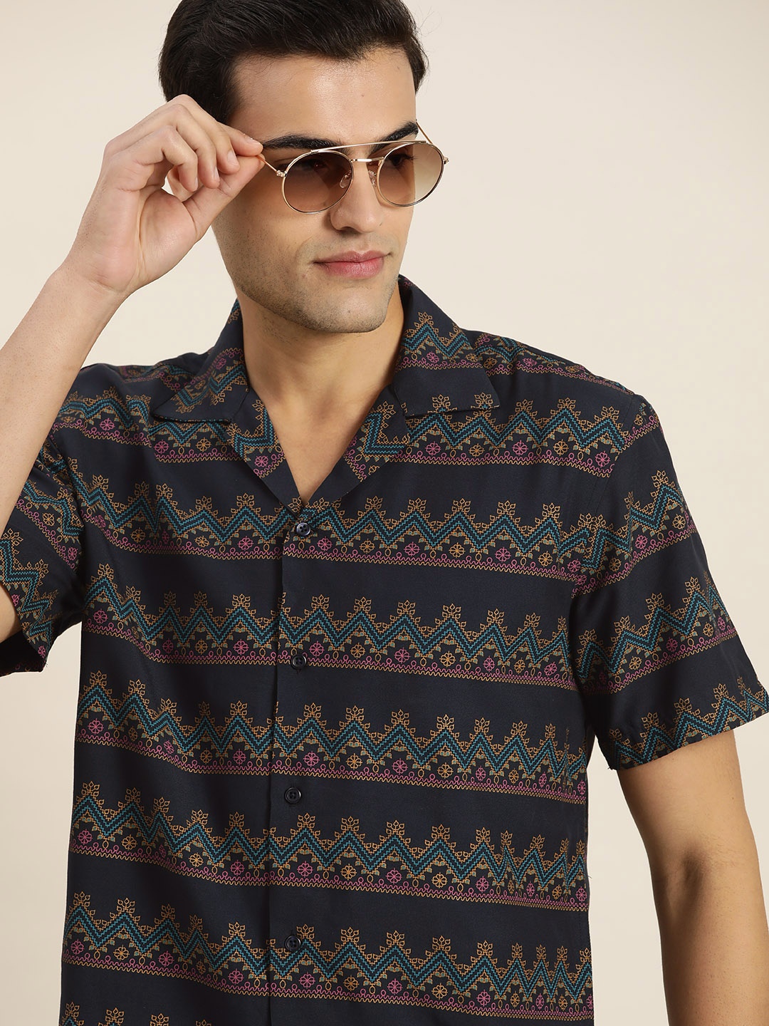 

Hancock Relaxed Fit Aztec Printed Casual Resort Shirt, Navy blue
