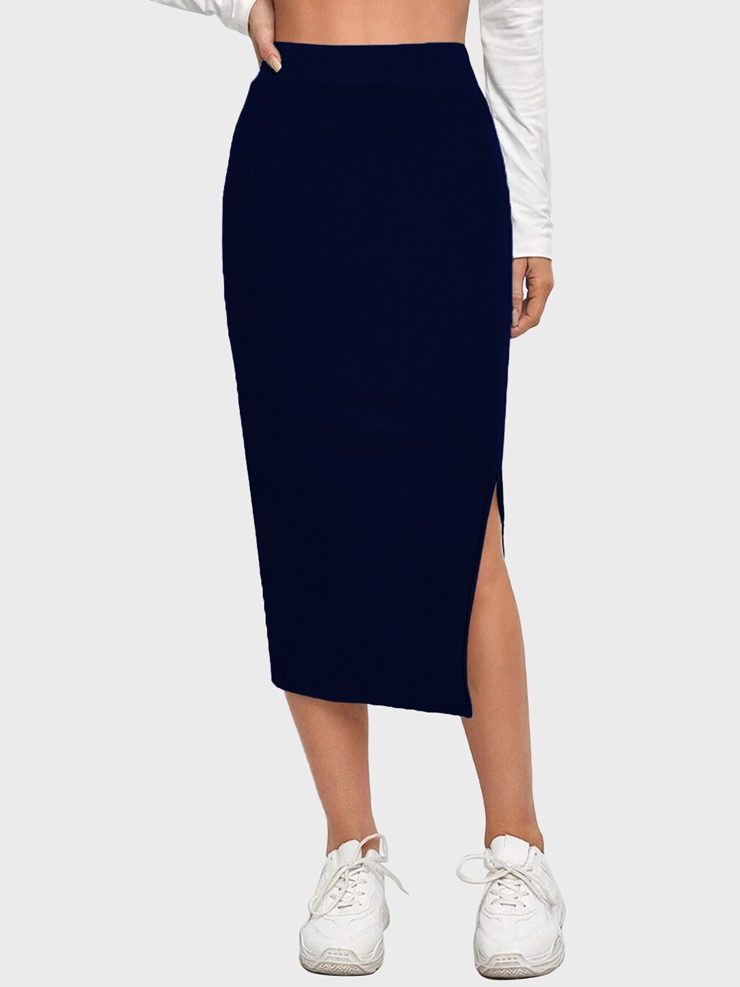 

BUY NEW TREND Below Knee Slit Slip-On Pencil Skirt, Navy blue