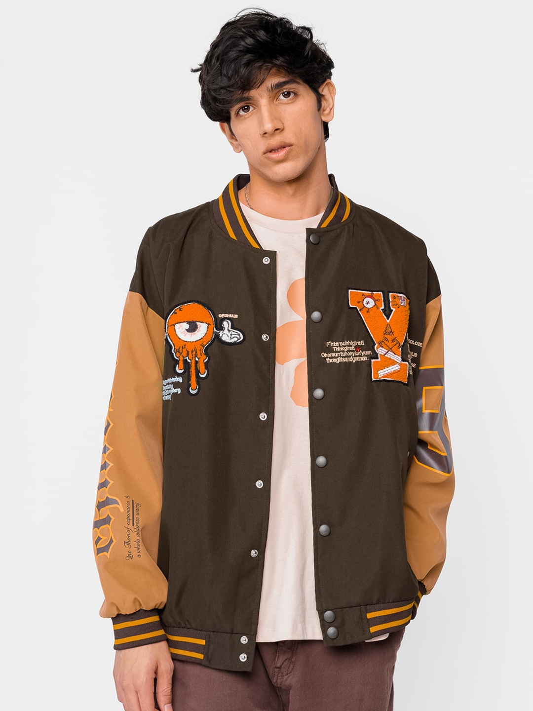 

FREAKINS Men Graphic Printed Pure Cotton Varsity Jacket, Brown