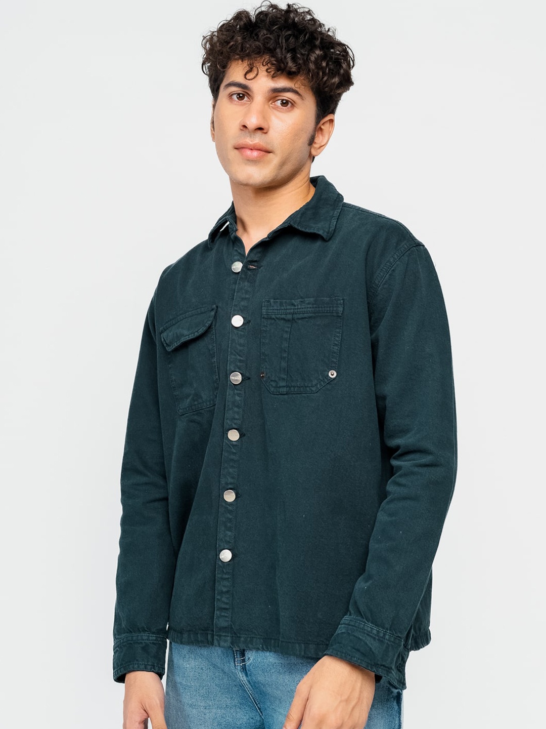 

FREAKINS Spread Collar Denim Shacket, Green