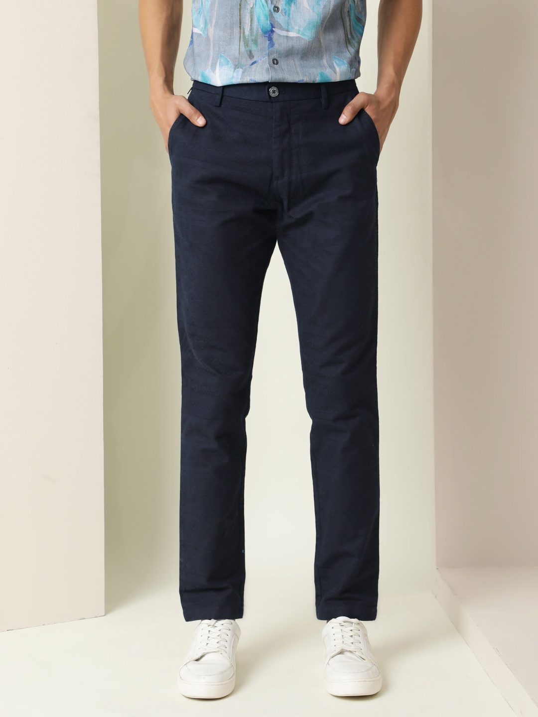 

RARE RABBIT Men Jeck Mid Rise Cotton Slim Fit Trouser, Navy blue