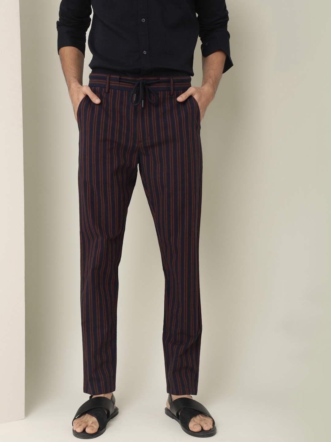 

RARE RABBIT Men Vertical Striped Slim Fit Cotton Trousers, Navy blue