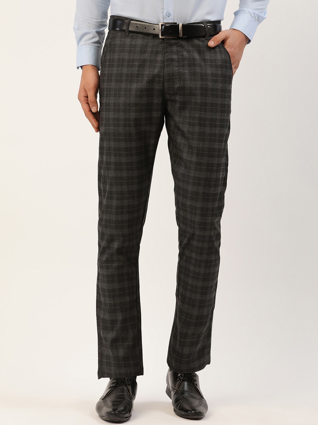 

JAINISH Men Checked Relaxed Pure Cotton Tapered Fit Formal Trousers, Black