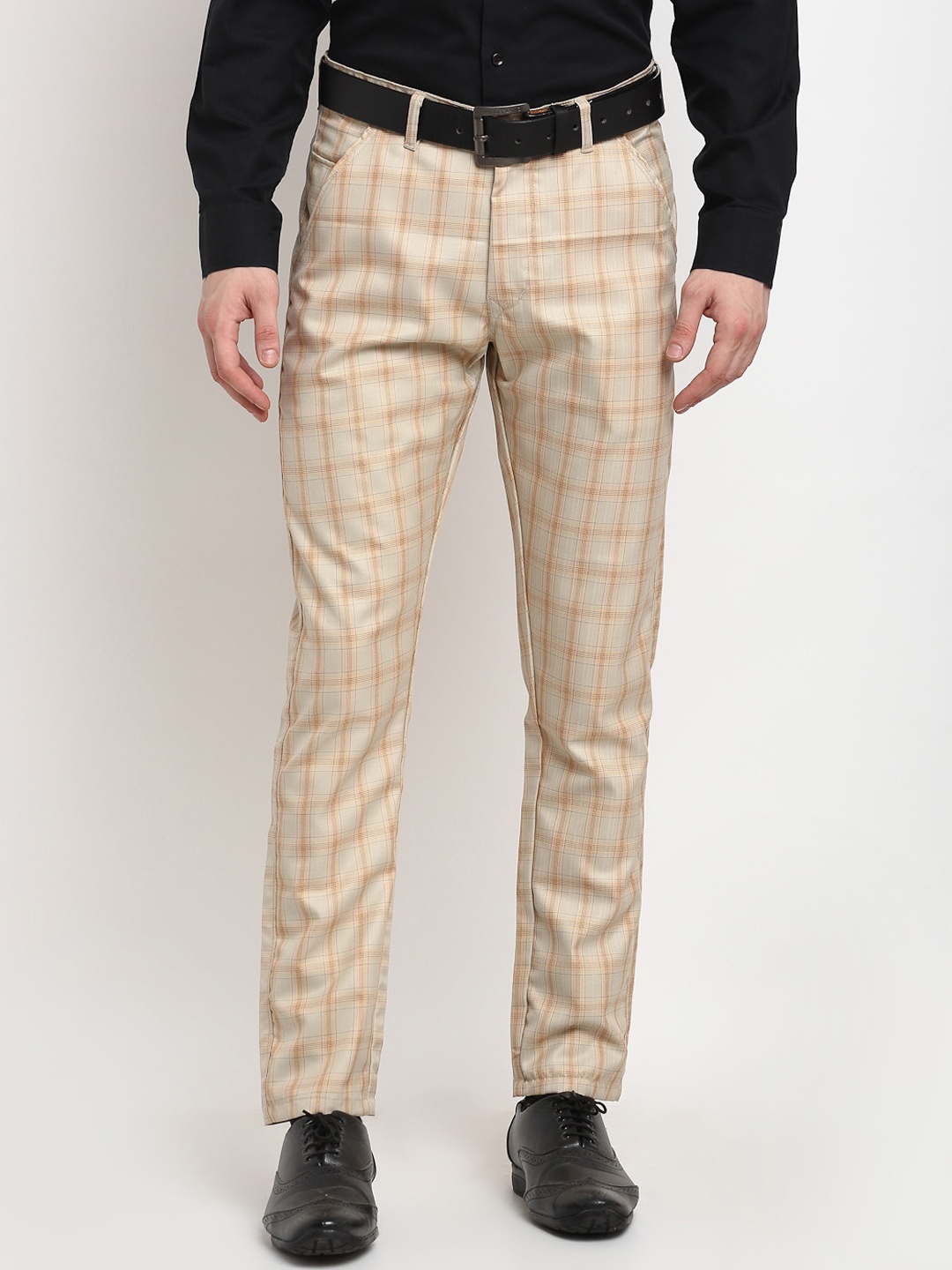 

JAINISH Men Checked Relaxed Pure Cotton Tapered Fit Formal Trousers, Cream