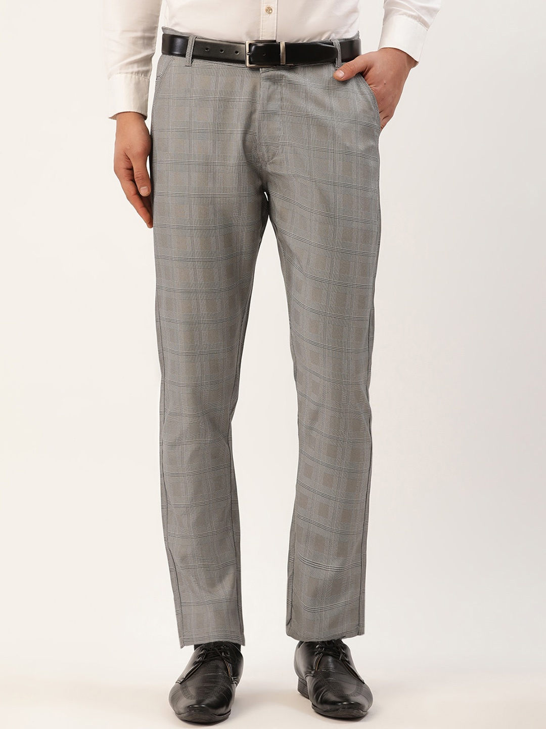 

JAINISH Men Checked Relaxed Tapered Fit Pure Cotton Formal Trousers, Grey