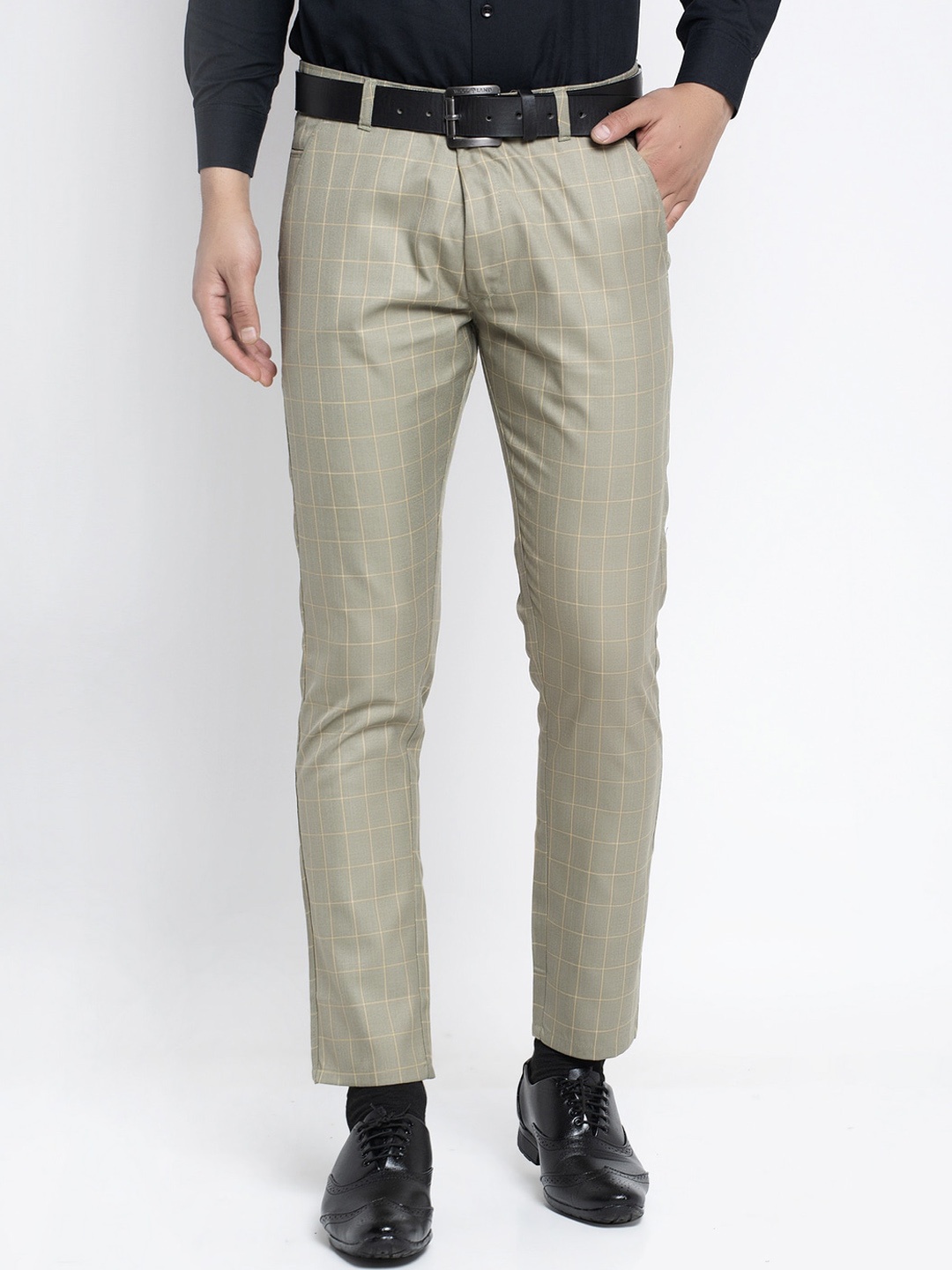 

JAINISH Men Checked Pure Cotton Tapered Fit Easy Wash Formal Trousers, Green