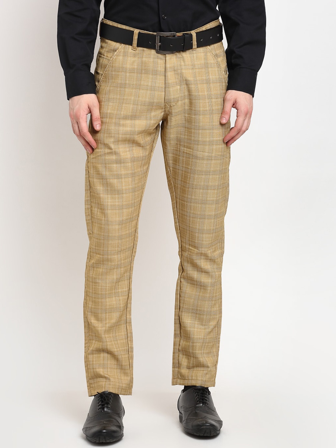 

JAINISH Men Checked Relaxed Tapered Fit Pure Cotton Formal Trousers, Beige