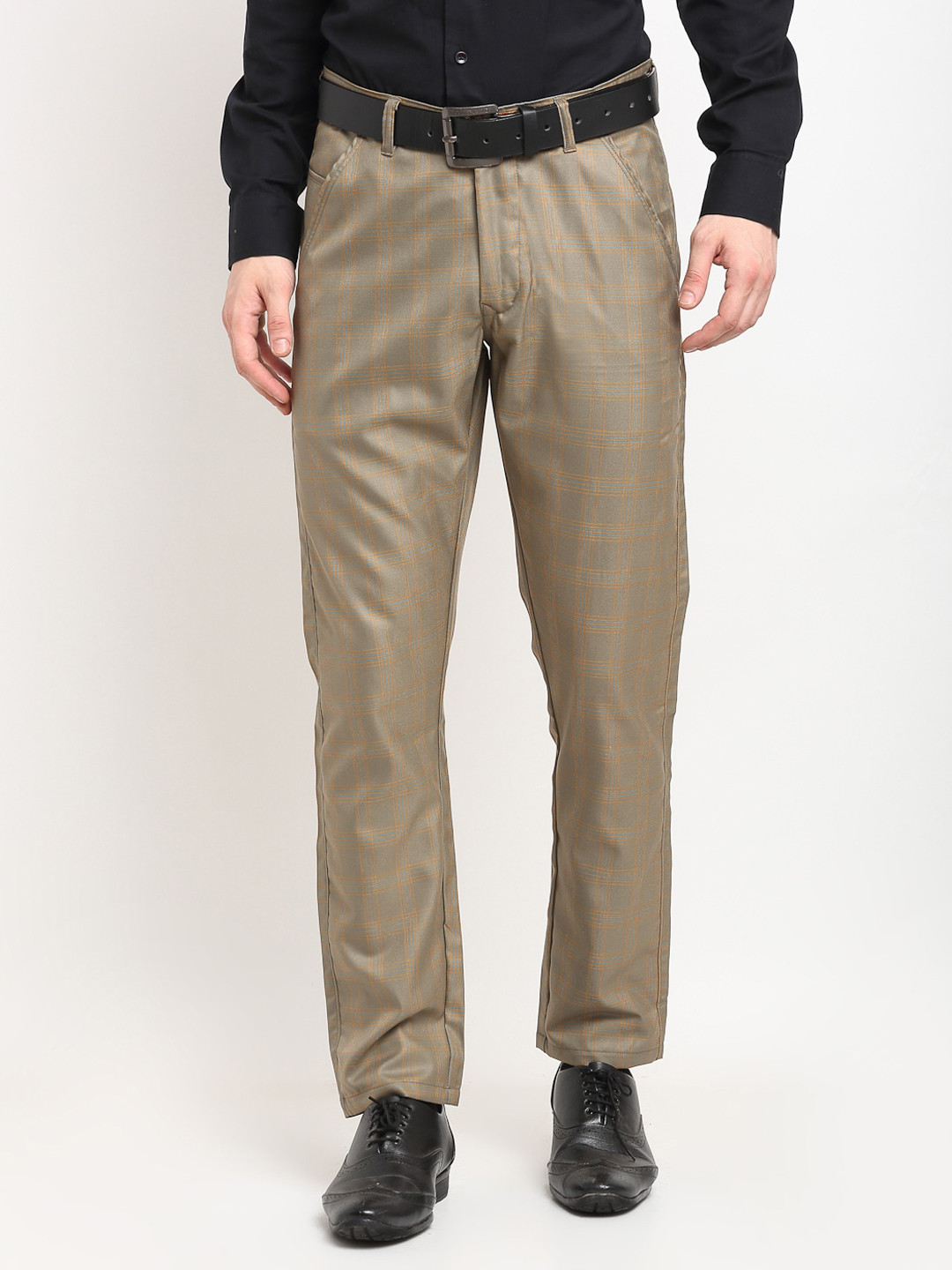 

JAINISH Men Checked Relaxed Tapered Fit Easy Wash Pure Cotton Trousers, Brown