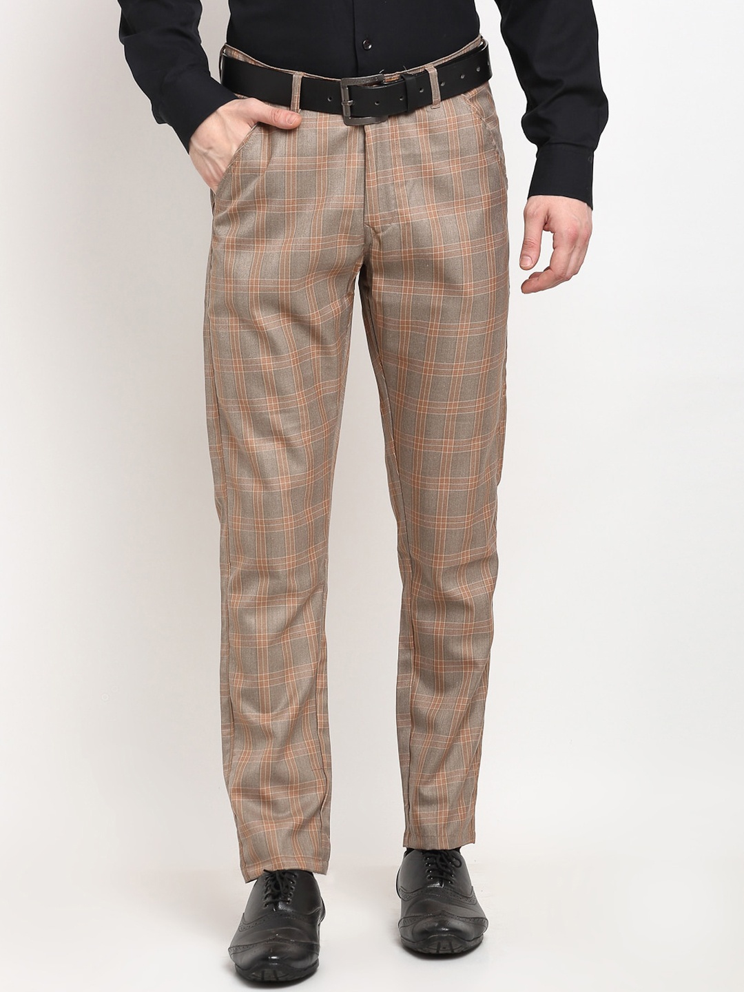 

JAINISH Men Checked Relaxed Tapered Fit Easy Wash Pure Cotton Formal Trousers, Brown