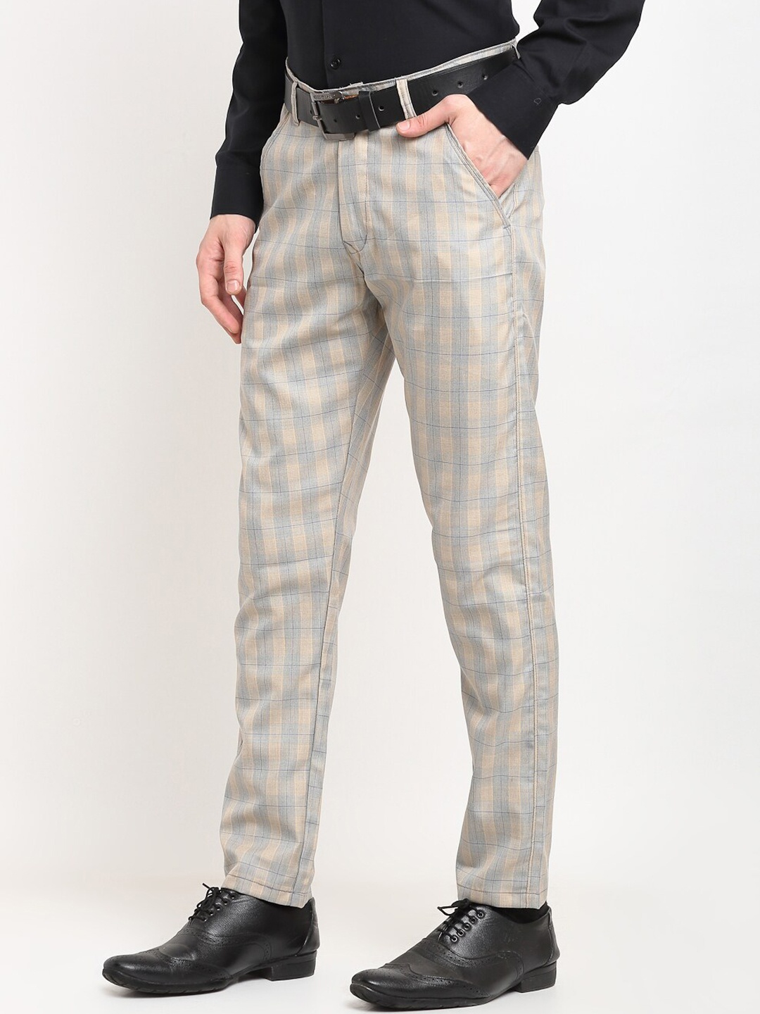 

JAINISH Men Checked Cotton Relaxed Tapered Fit Easy Wash Formal Trousers, Blue