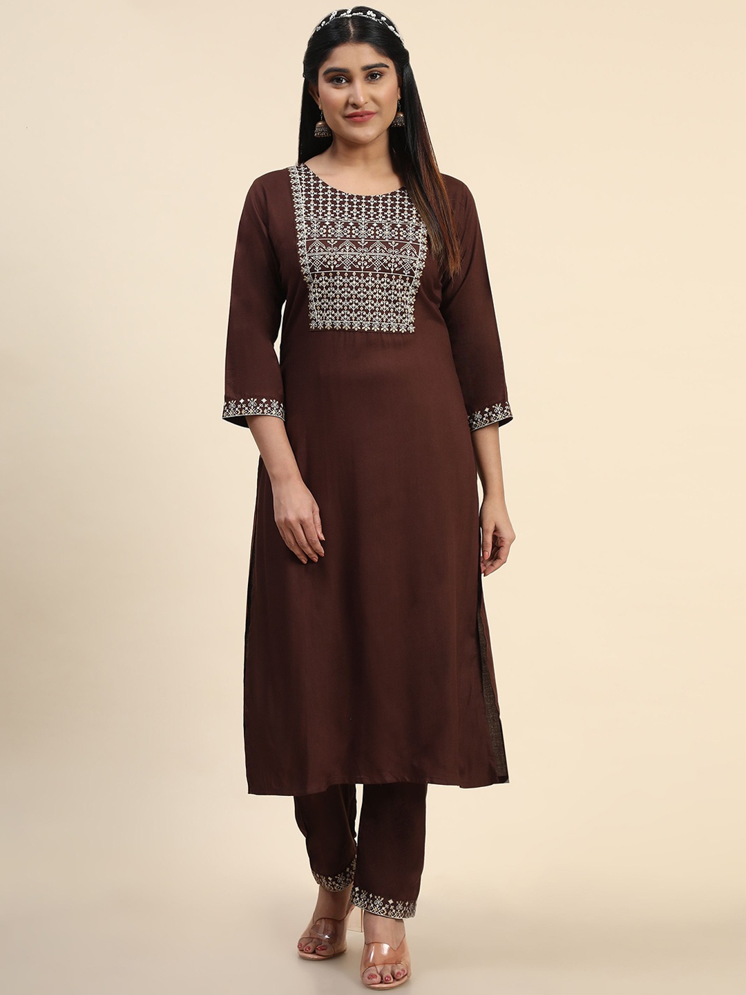 

KALINI Ethnic Motifs Printed Kurta with Trousers, Brown