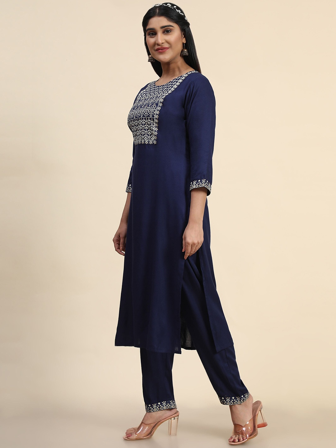 

KALINI Ethnic Motifs Printed Kurta with Trousers, Navy blue