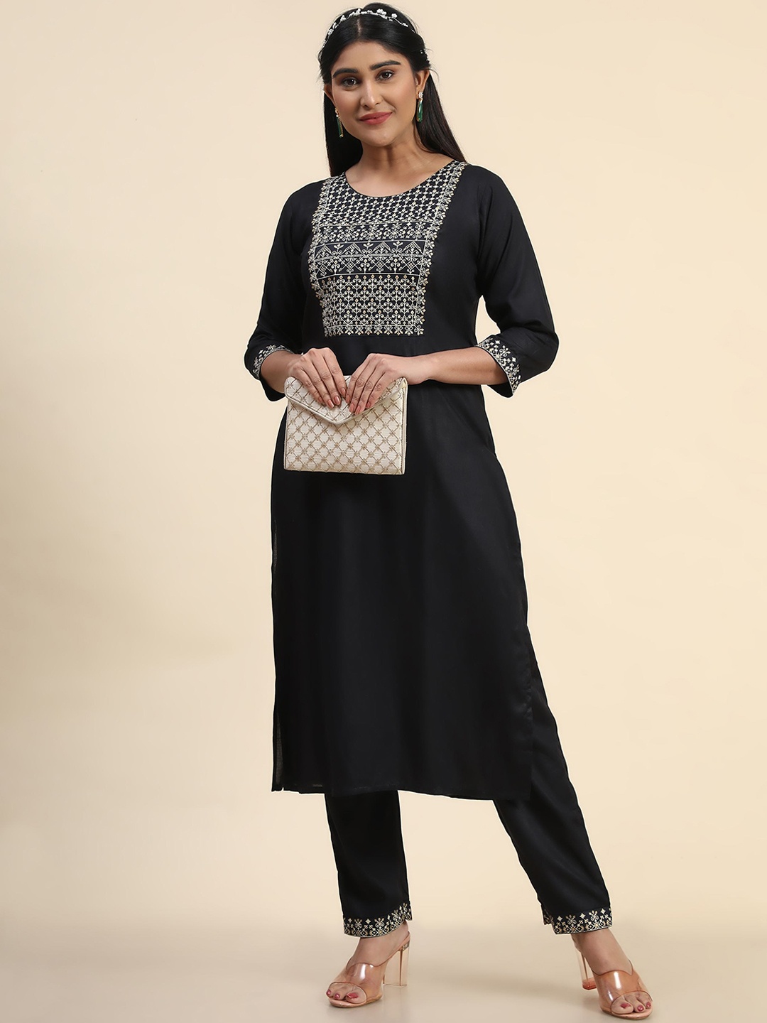 

KALINI Ethnic Motifs Printed Kurta with Trousers, Black