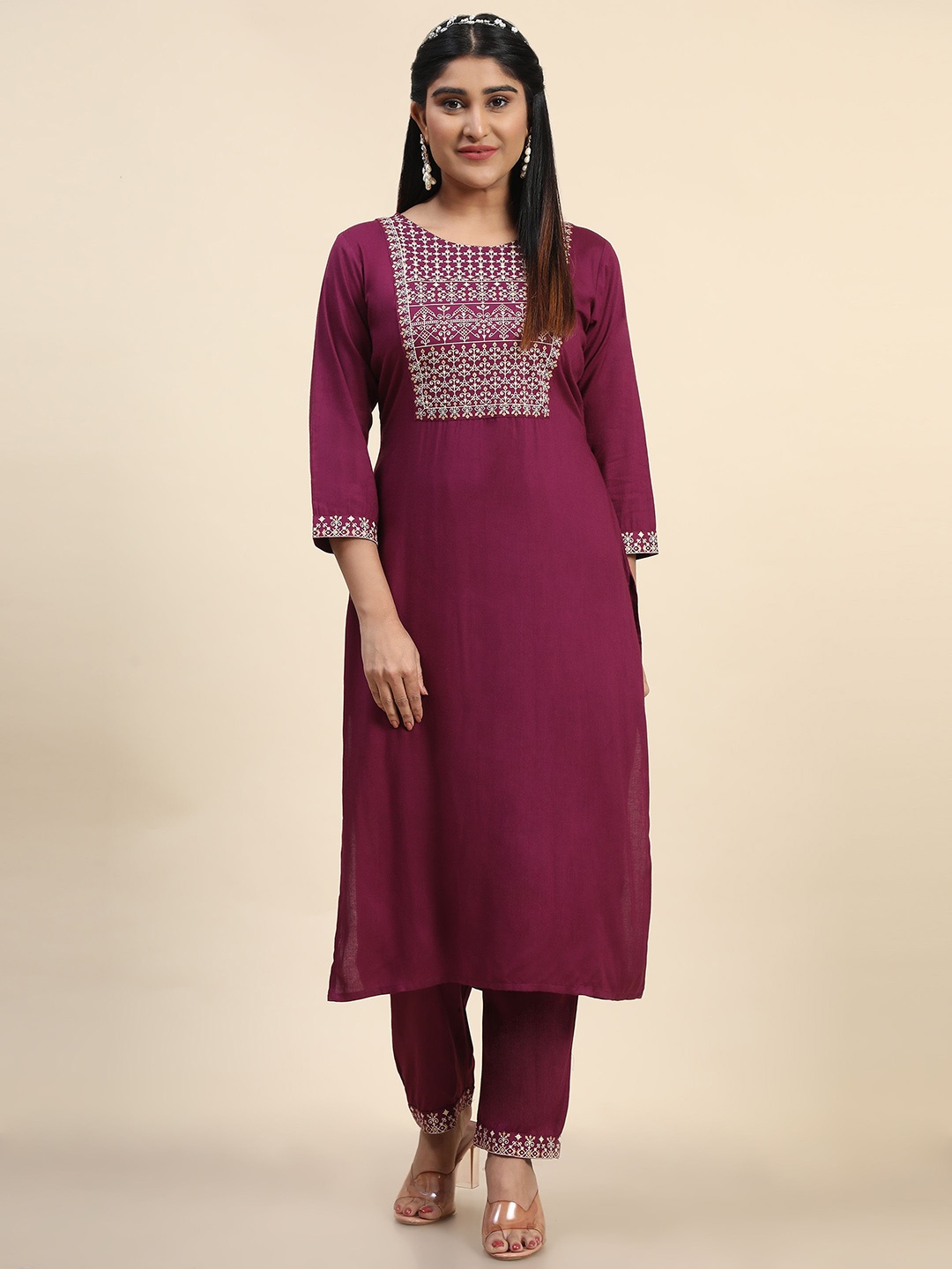 

KALINI Ethnic Motifs Printed Kurta with Trousers, Purple