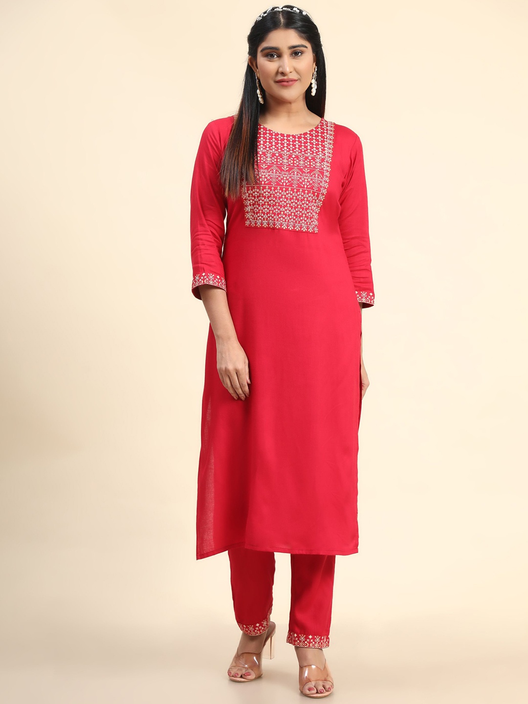 

KALINI Ethnic Motifs Printed Kurta with Trousers, Red