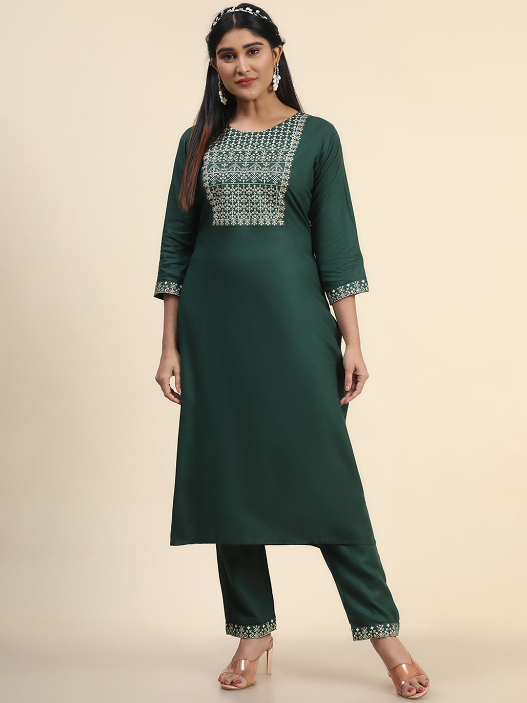 

KALINI Ethnic Motifs Printed Kurta with Trousers, Green