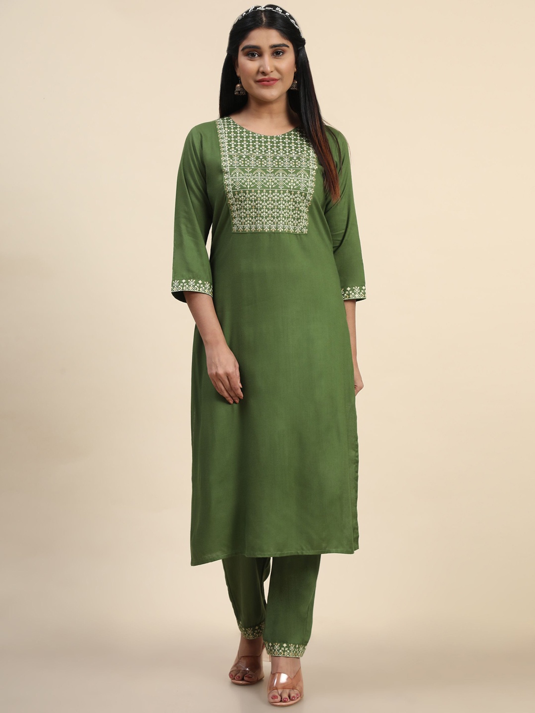 

KALINI Ethnic Motifs Printed Kurta with Trousers, Sea green