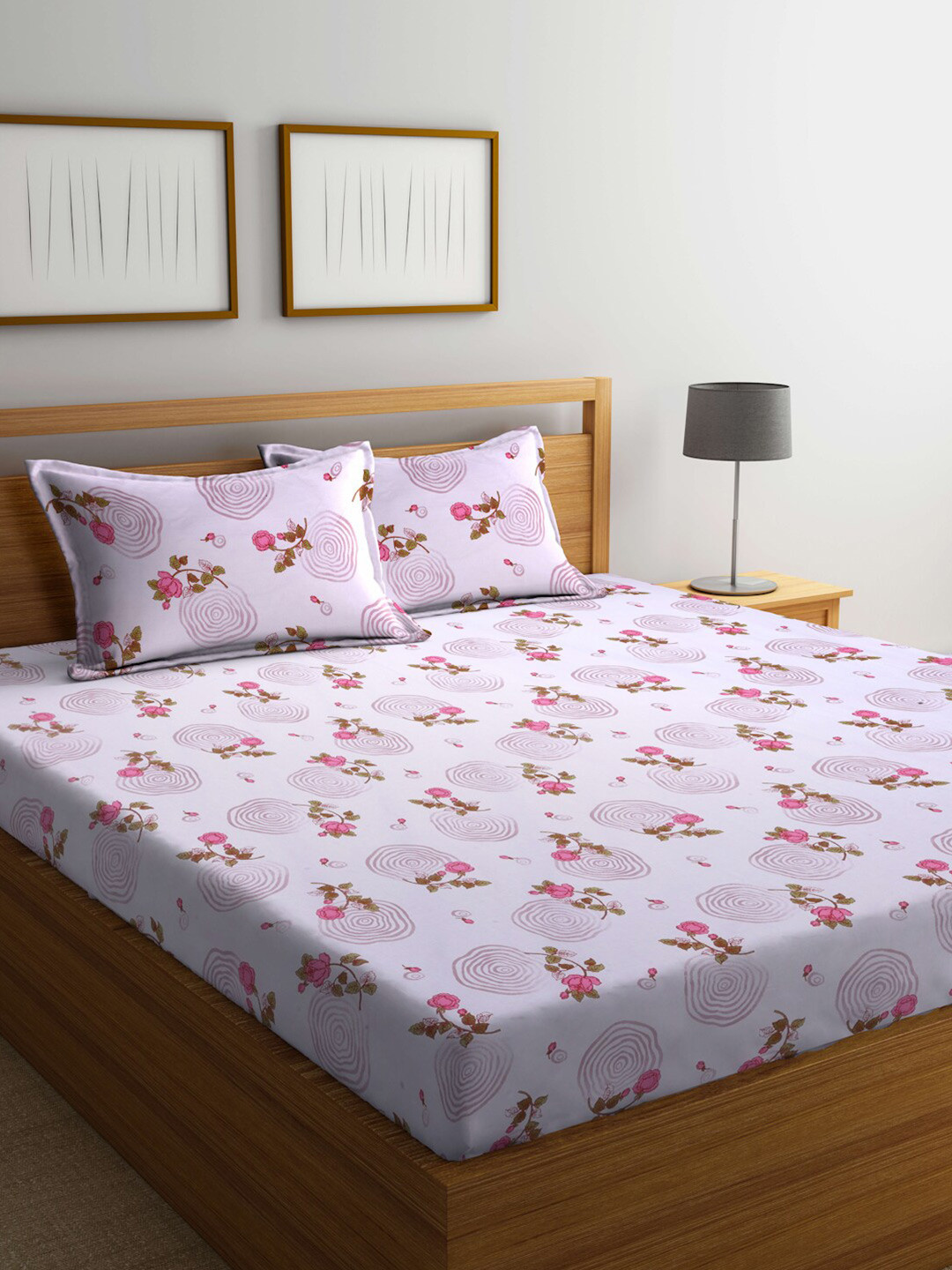 

BOMBAY DYEING 525B White & Pink Floral 160 TC Flat Cotton Queen Bedsheet & 2 Pillow Covers