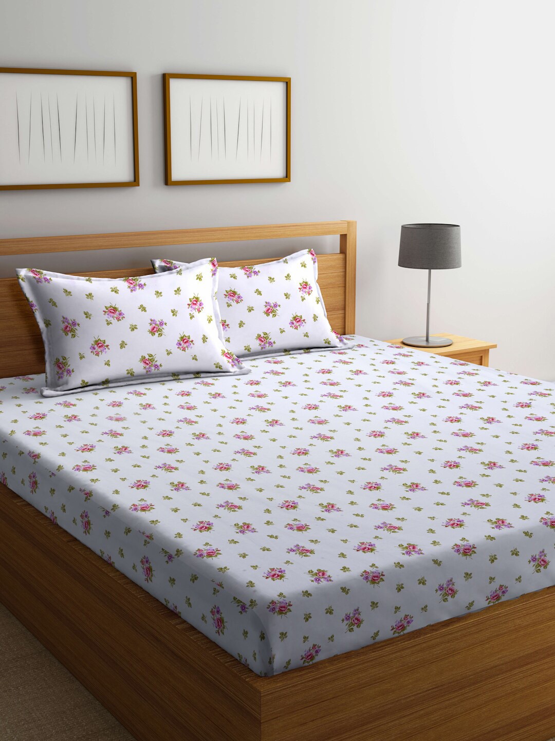 

BOMBAY DYEING 525B White & Pink Floral 160 TC Flat Cotton Queen Bedsheet & Pillow Covers