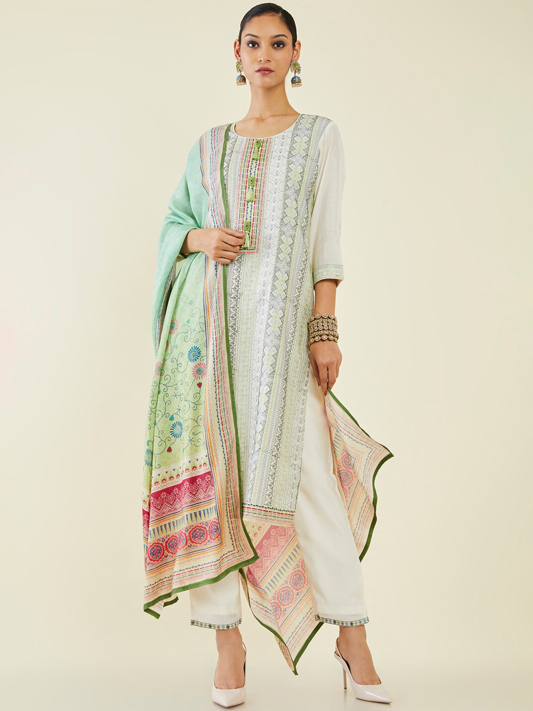 

Soch Ethnic Motifs Kurta with Trousers & Dupatta, Off white