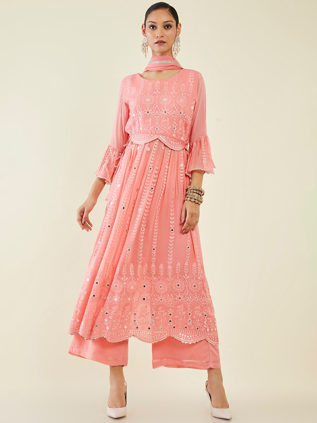 

Soch Floral Embroidered Mirror Work Kurta With Palazzos & Dupatta, Coral