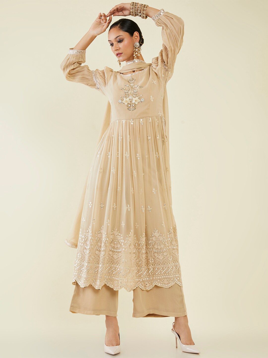 

Soch Ethnic Motifs Embroidered Kurta with Palazzos & Dupatta, Beige