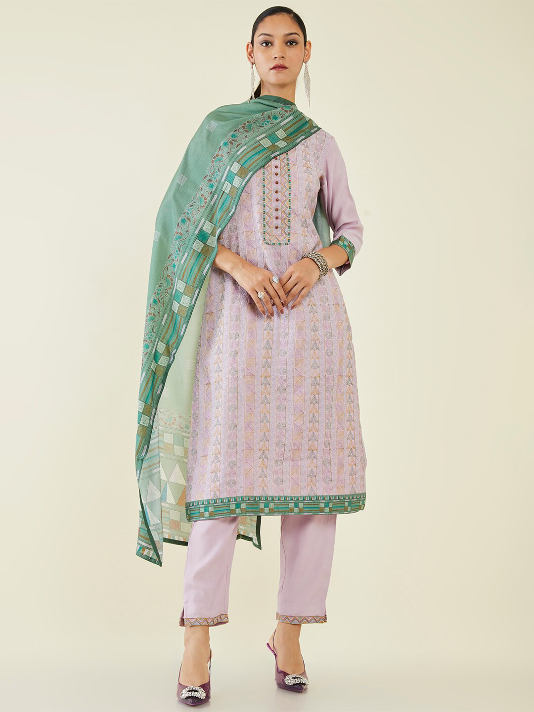 

Soch Geometric Embroidered Thread Work Kurta With Trousers & Dupatta, Purple