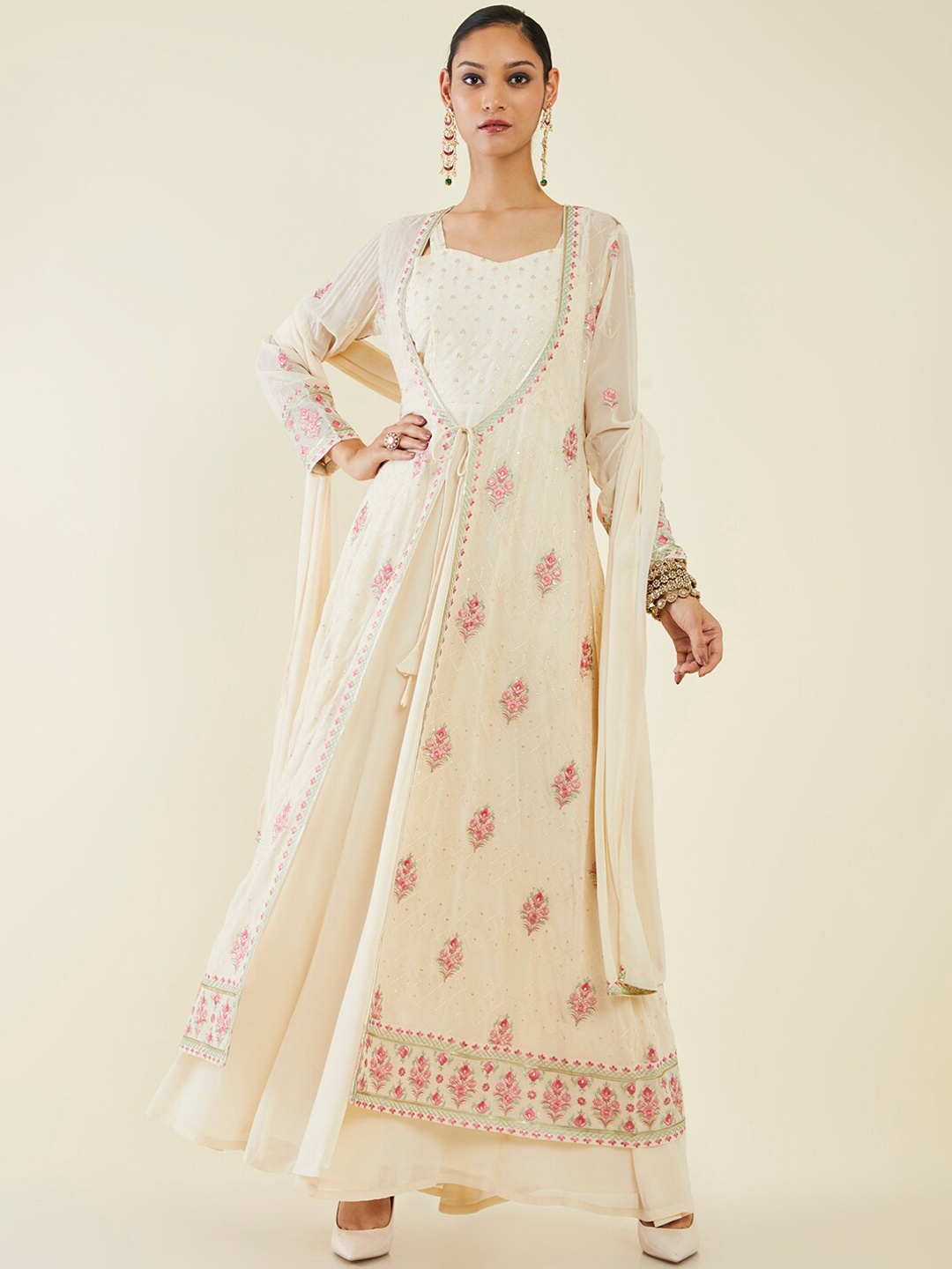 

Soch Floral Embroidered Thread Work Anarkali Suit Set, Off white