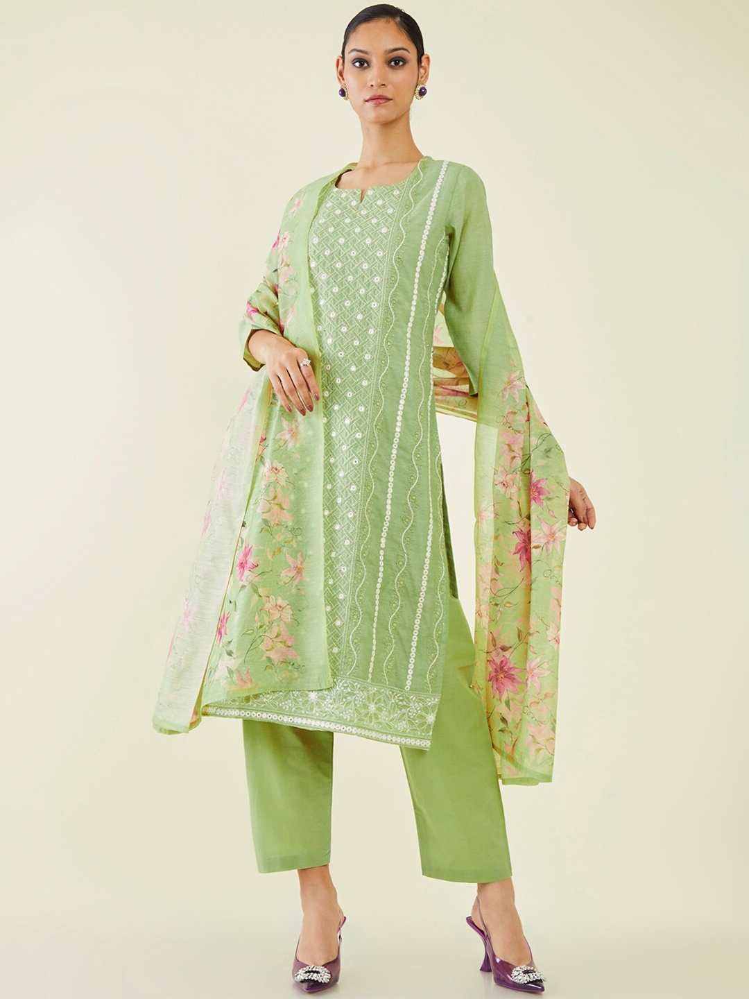 

Soch Embroidered Chikankari Chanderi Cotton Kurta With Trousers & With Dupatta, Green