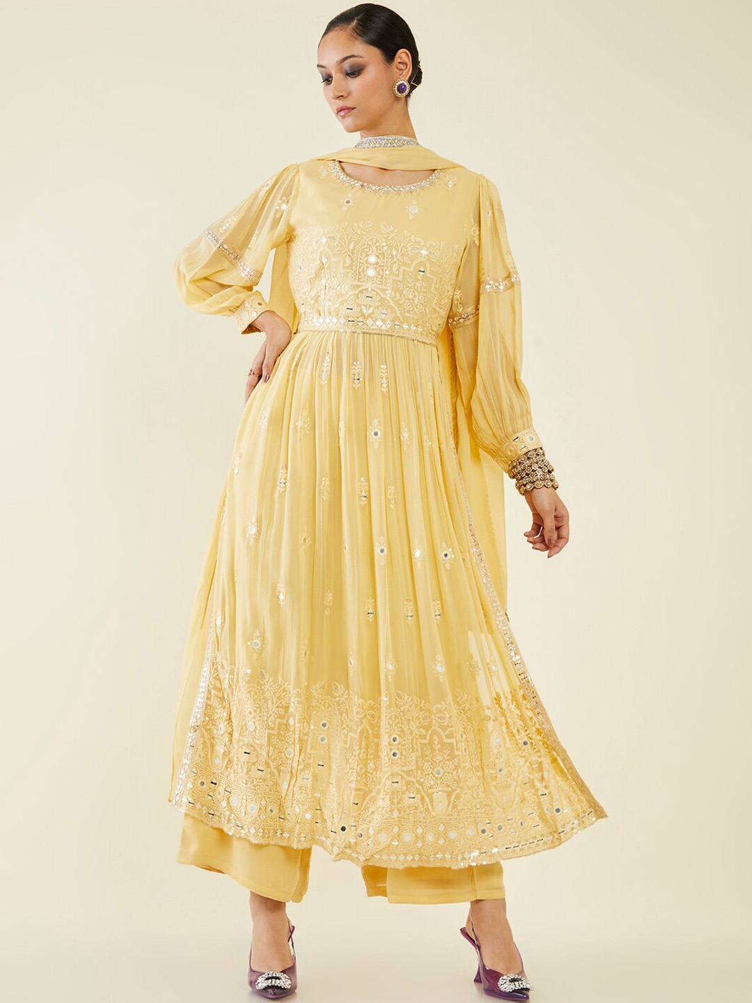 

Soch Floral Embroidered Mirror Work Kurta With Palazzos & Dupatta, Yellow